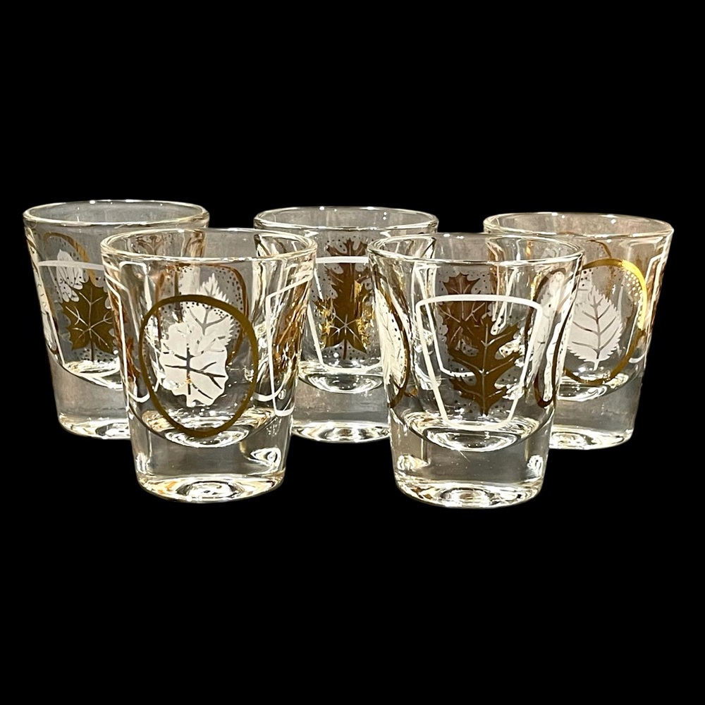 Vintage 1950s Federal Glass Set (5) Glen Echo Gold Leaf Shot Glasses - MCM Fall